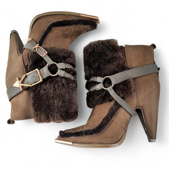 IVY KIRZHNER Shearling Rose Gold Harness Stud Leather Olive Brown Heeled Boot 8 - Picture 7 of 14